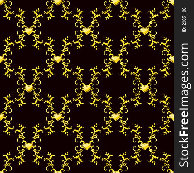 Dark seamless background with golden hearts and swirls. Dark seamless background with golden hearts and swirls