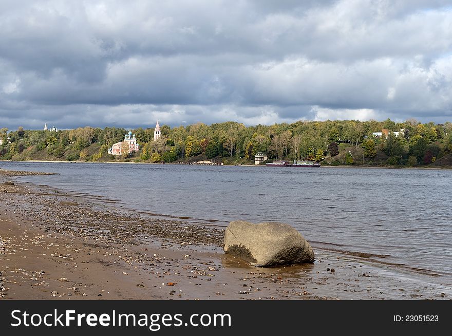 View on the Volga River with ferry in Tutaev town, Russia. View on the Volga River with ferry in Tutaev town, Russia