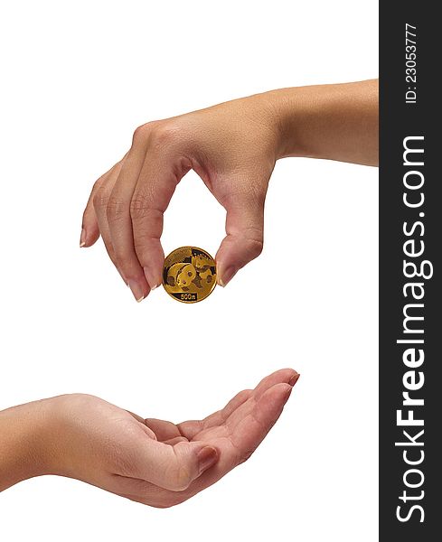 Woman holding coin above woman hand. Woman holding coin above woman hand