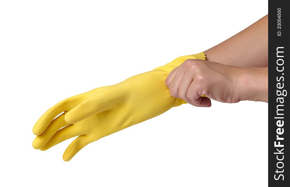 Hands Wearing Yellowl Gloves on white background. Hands Wearing Yellowl Gloves on white background