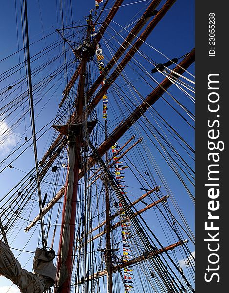 Rigging of largest traditional sailing ship Sedov. Height of masts 54 m. Rigging of largest traditional sailing ship Sedov. Height of masts 54 m.