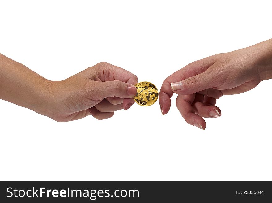 Woman holding coin in hand. Woman holding coin in hand