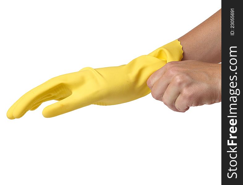 Hands Wearing Yellowl Gloves on white. Hands Wearing Yellowl Gloves on white