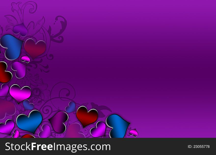 Colored hearts making the left border on a purple background