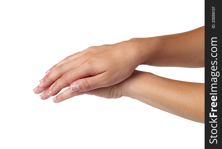 Care for sensuality woman hands on white bacground.