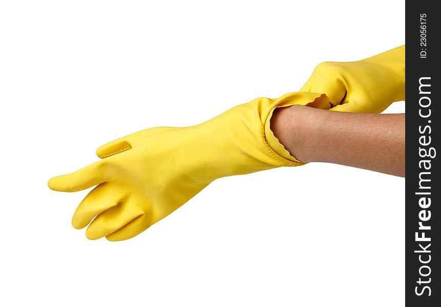 Hands Wearing Yellowl Gloves isolated on white. Hands Wearing Yellowl Gloves isolated on white