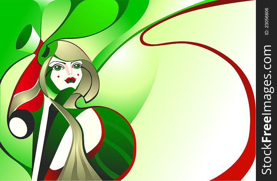 Girl in a green hat, abstract background. Girl in a green hat, abstract background