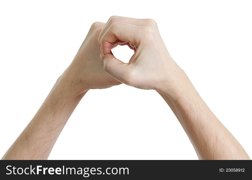 Hands in the shape of imaginary spyglass isolated on white