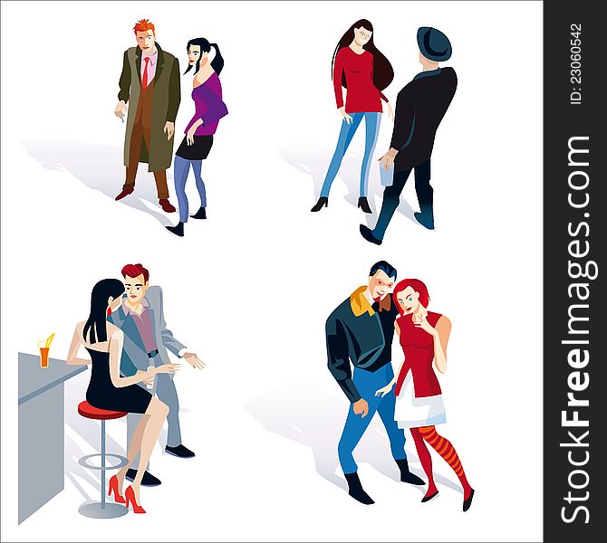 Vector illustration of fashion young people. four young boy and girl coupels. White background. Vector illustration of fashion young people. four young boy and girl coupels. White background.