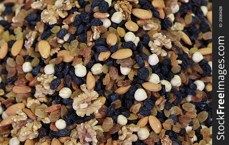 View of mixed dried fruit in the market.