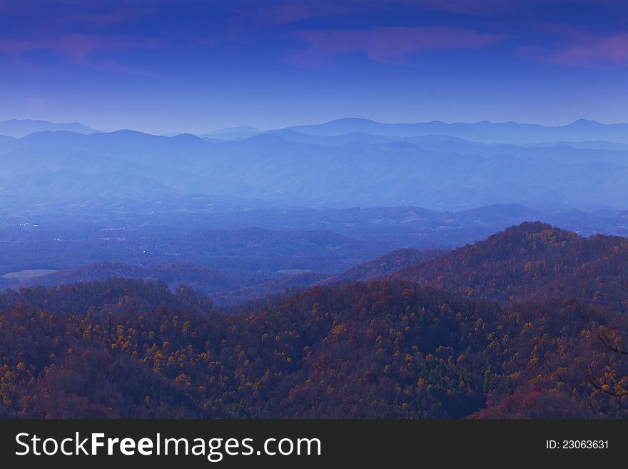 Appalachian mountains at sunset and blue mist