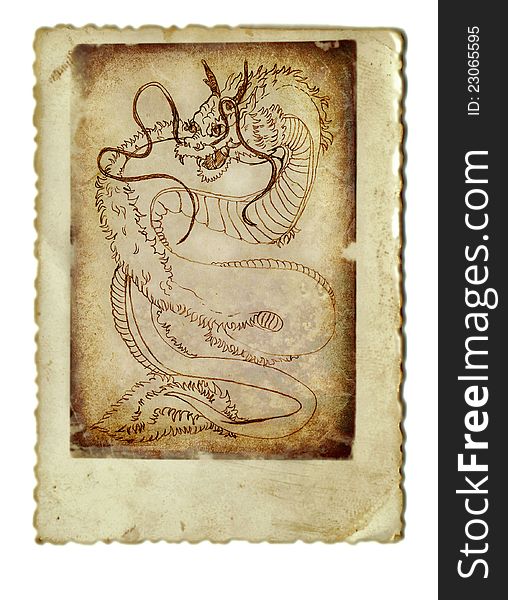 Old Chinese dragon, a large puppet - pencil drawing on an old background. Old Chinese dragon, a large puppet - pencil drawing on an old background