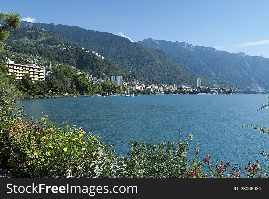 View of the lake and mountains, near the town of Montreux. View of the lake and mountains, near the town of Montreux