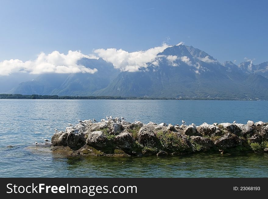 Landscape with a lake and mountains, near the town of Montreux. Landscape with a lake and mountains, near the town of Montreux