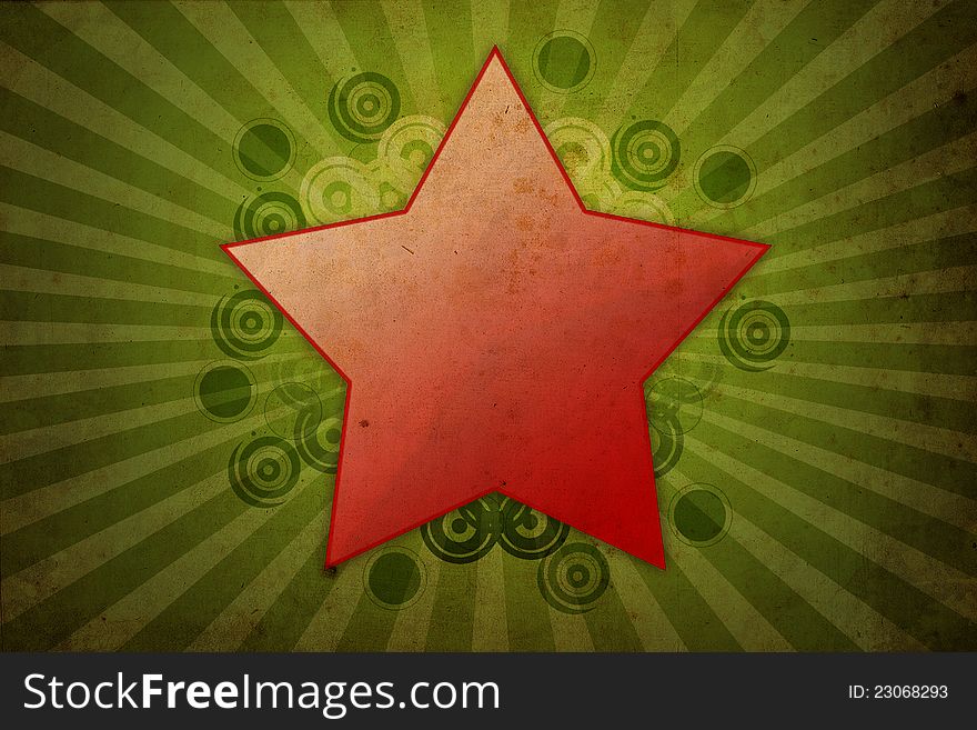 Grunge red star on green background texture