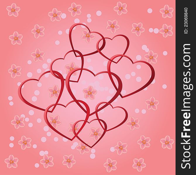 Red hearts with flowers on the pink background. Red hearts with flowers on the pink background.