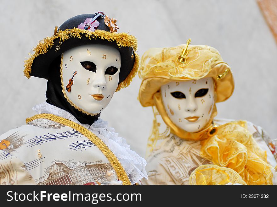 Venetian masks during sensation venetian carnival in Venice