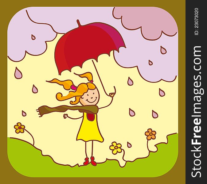 A little girl with a red umbrella goes. No gradients. A little girl with a red umbrella goes. No gradients.