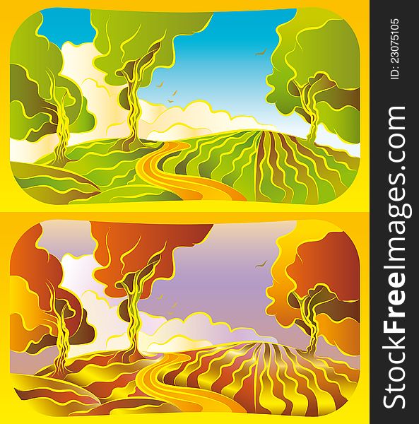 Illustration with a set of a Autumn and summer landscape