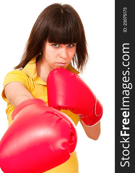 puncher young woman in boxing gloves isolated on white. puncher young woman in boxing gloves isolated on white