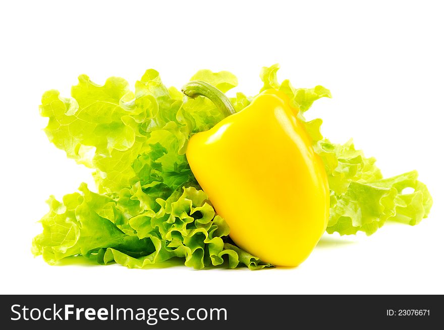 Yellow pepper with green salad, on a white background. Yellow pepper with green salad, on a white background