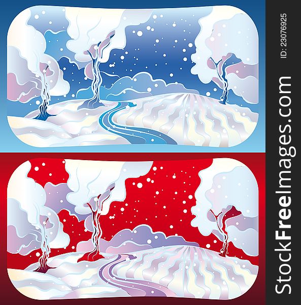 A set of two cold winter landscape. A set of two cold winter landscape