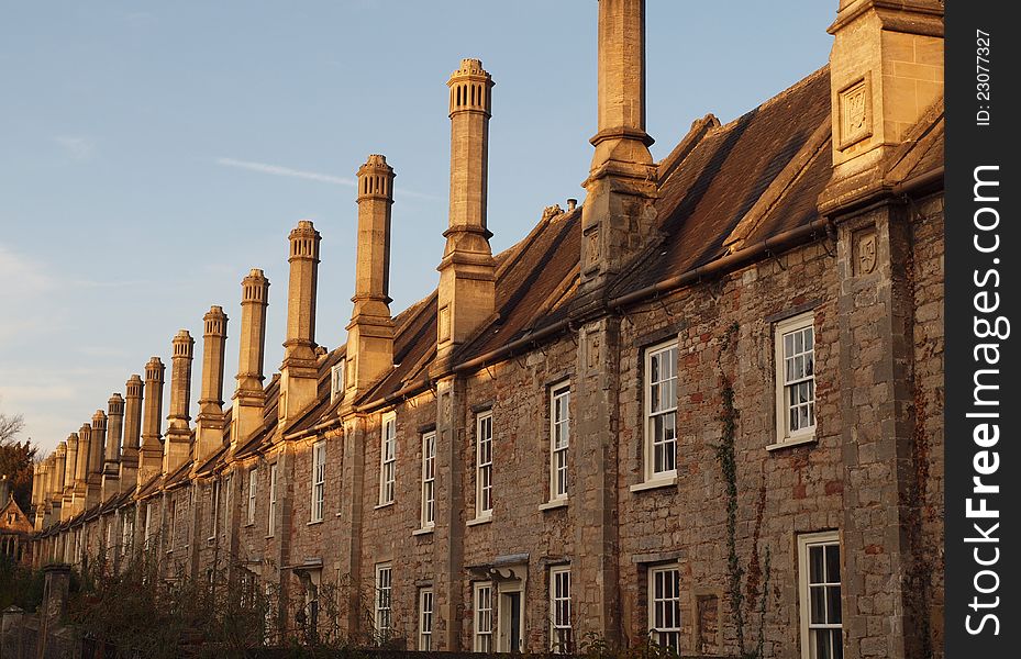 The Chimneys and houses of Cathedral Close or The Vicars which is known to be the oldest continually inhabited street in England. Wells in Somerset. The Chimneys and houses of Cathedral Close or The Vicars which is known to be the oldest continually inhabited street in England. Wells in Somerset.