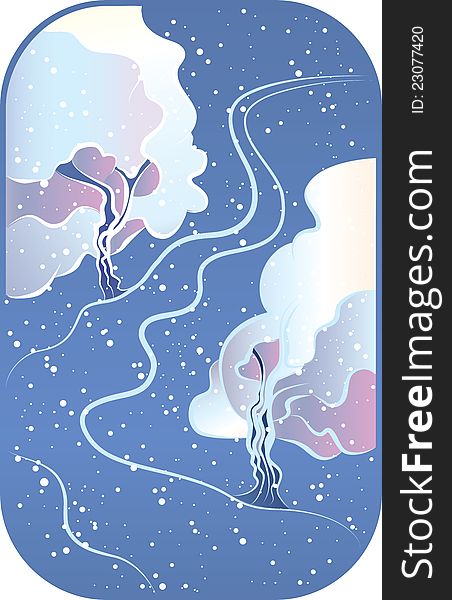 Illustration with a two white winter tree on blue background. Illustration with a two white winter tree on blue background
