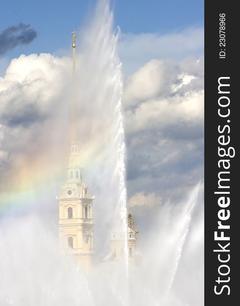 Water jet from floating fountain, The Peter and Paul fortress at background