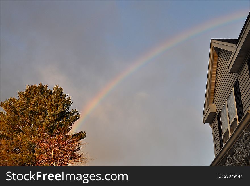 A beautiful rainbow is visible between a townhouse and a tree. A beautiful rainbow is visible between a townhouse and a tree.