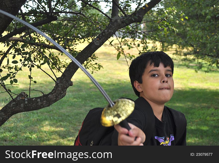 A lovely boy is playing with a sword of toy. A lovely boy is playing with a sword of toy.