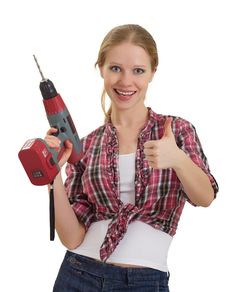 Cheerful Woman With Drill Shows Thumb Up Royalty Free Stock Images Cheerful Woman With Drill Shows Thumb Up Royalty Free Stock Images