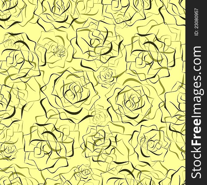 Seamless floral background with roses in outline mode