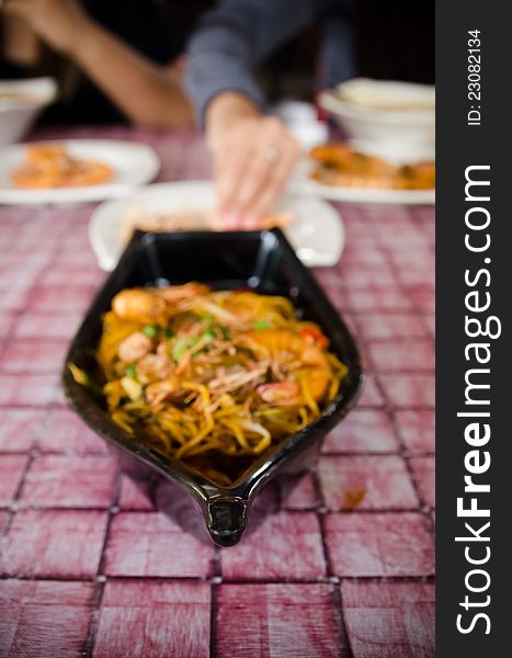 Fried mee noodle served with big fresh sea water prawns. Fried mee noodle served with big fresh sea water prawns