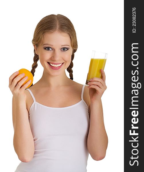 Beautiful young woman full of life with orange juice isolated on white background. Beautiful young woman full of life with orange juice isolated on white background