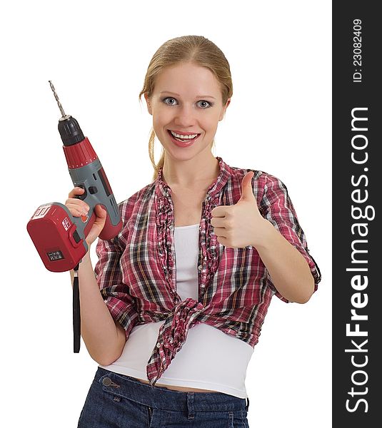 Cheerful woman with  drill shows thumb up