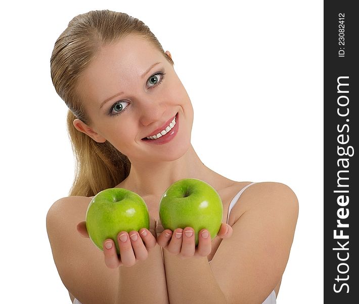 Healthy Girl Holding A Two Green Apple