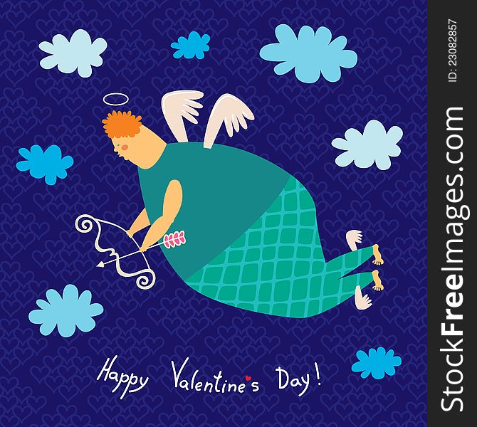 Humorous illustration. Cupid, the bow in the sky with clouds. Humorous illustration. Cupid, the bow in the sky with clouds