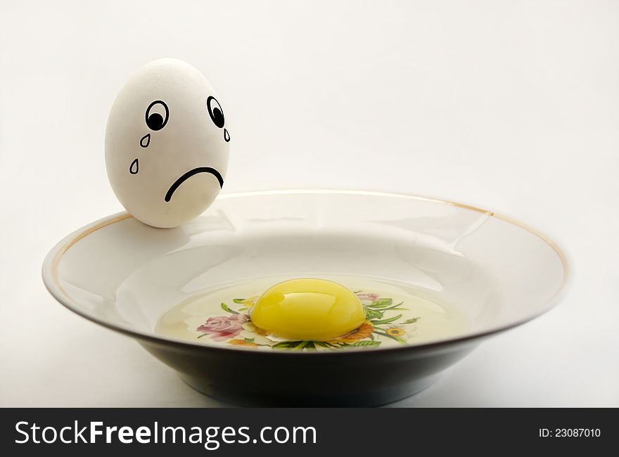 On a white background eggs on a plate crying