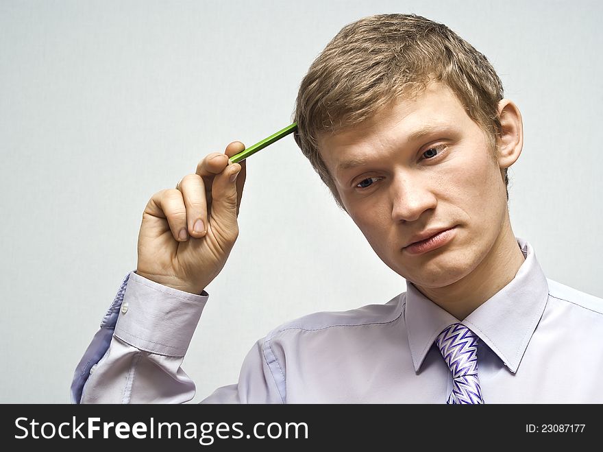Business guy thought for a gray background. Business guy thought for a gray background