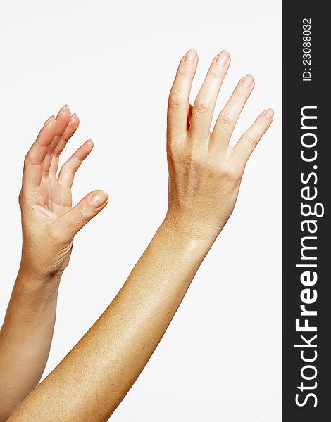 Woman hands doing a movement on white background