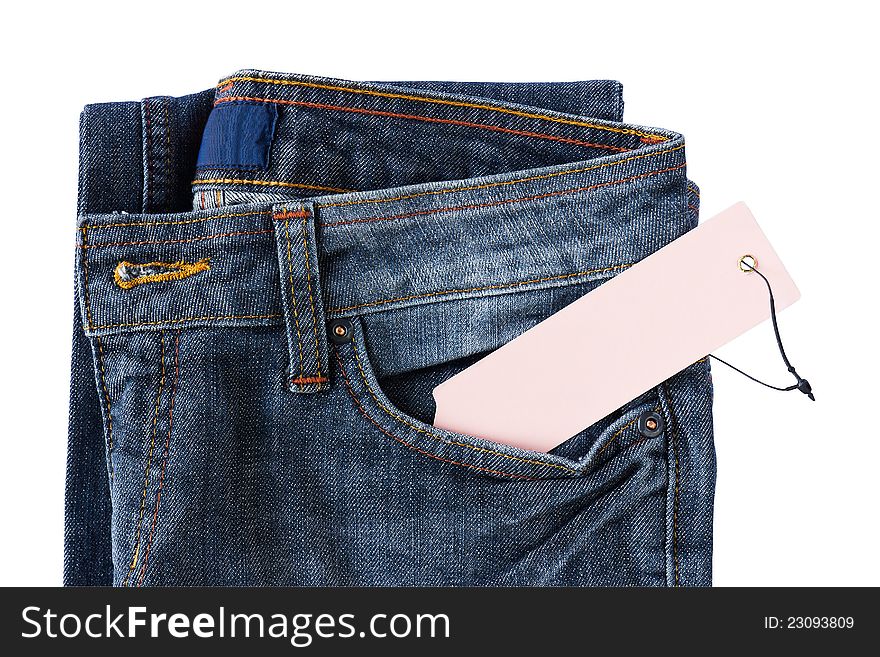 New Blue jeans trouser and tag isolated on the white background