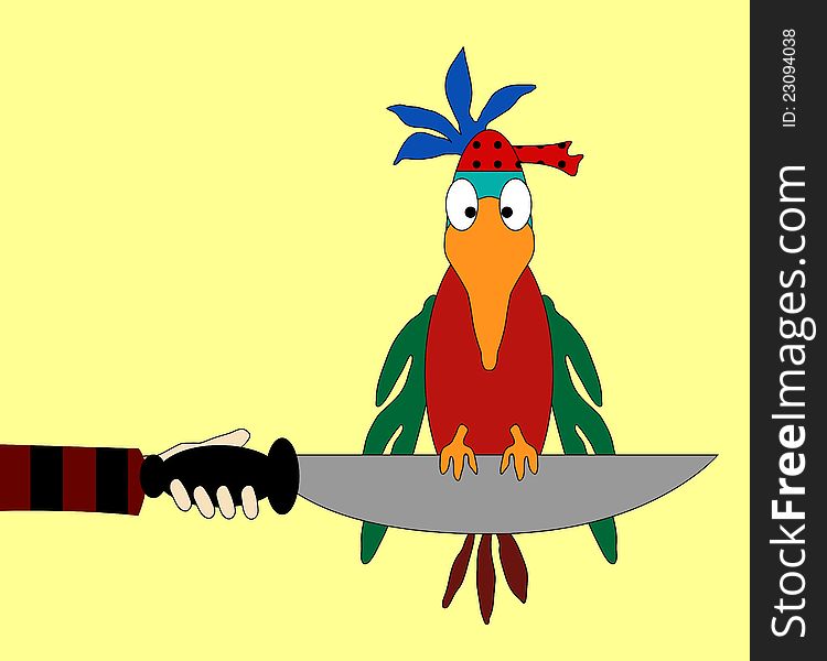 Vector drawing of a brightly colored parrot perched on a pirateâ€™s cutlass. Vector drawing of a brightly colored parrot perched on a pirateâ€™s cutlass.