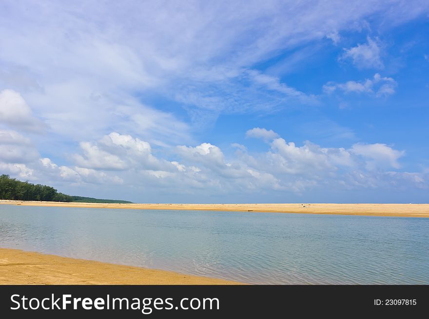 Beach and sea with blue sky, Gulf of Thailand coast, Thailand. Beach and sea with blue sky, Gulf of Thailand coast, Thailand