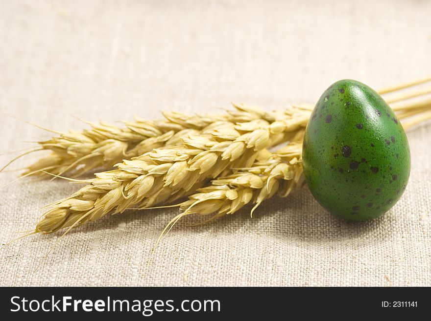 Wheat ears and green egg isolated