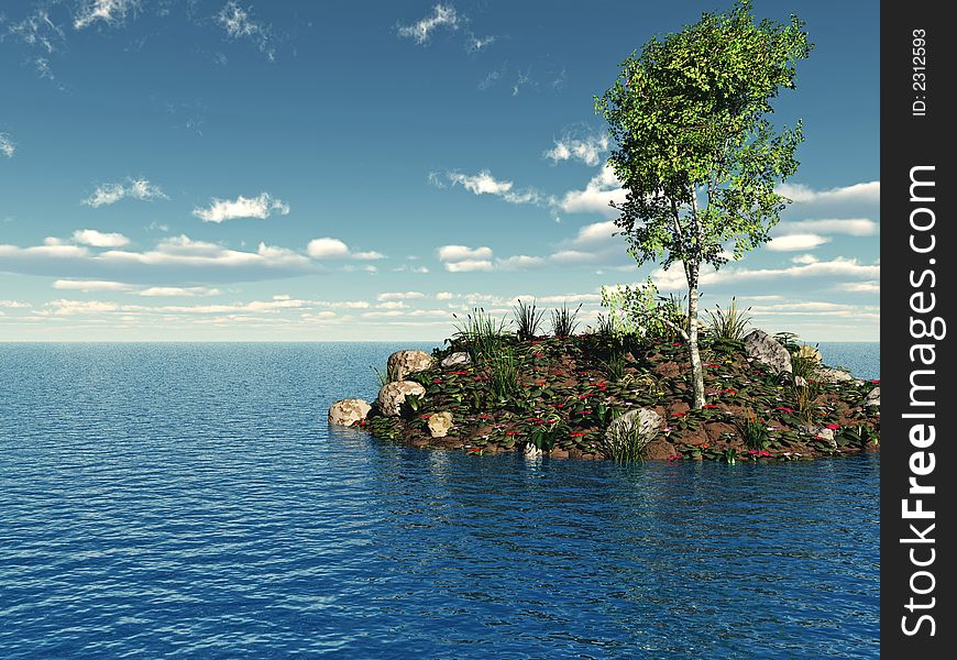 Small green island with birch tree - 3d illustration. Small green island with birch tree - 3d illustration.