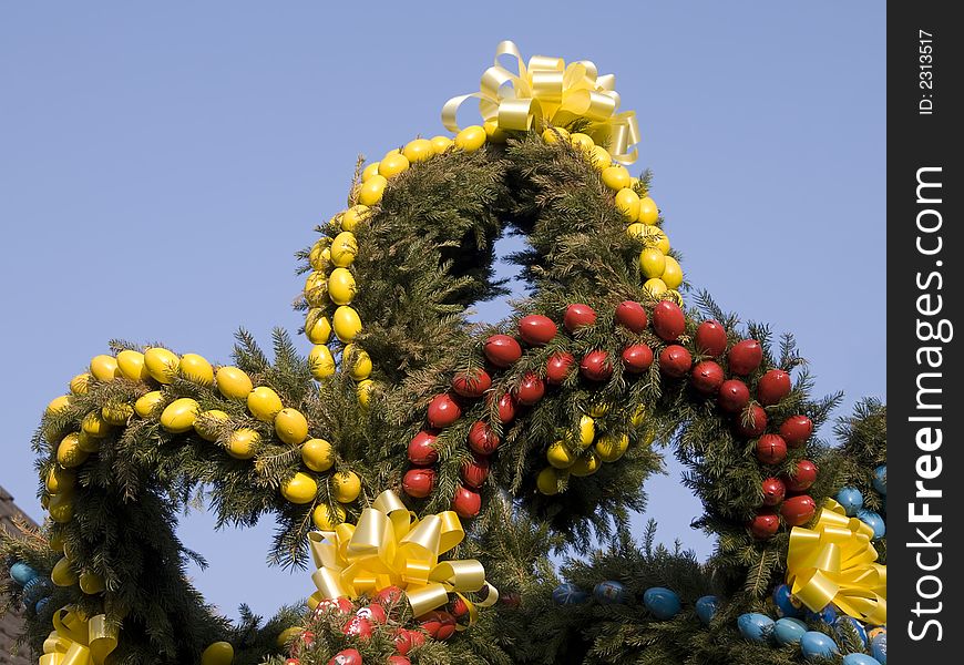 German easter fountain crown decorated with easter eggs. German easter fountain crown decorated with easter eggs