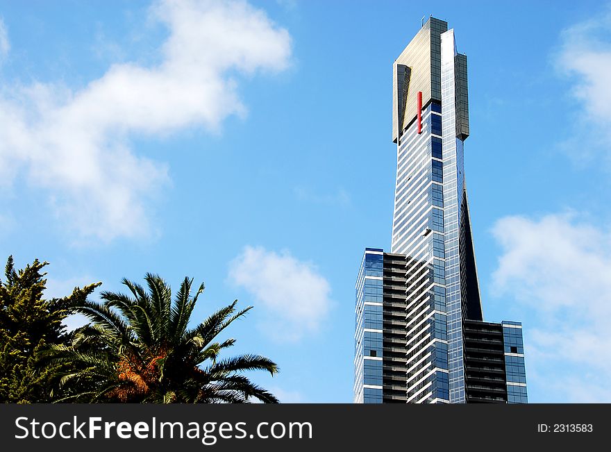 Very tall modern building in the city with a palm tree in the foreground. Very tall modern building in the city with a palm tree in the foreground