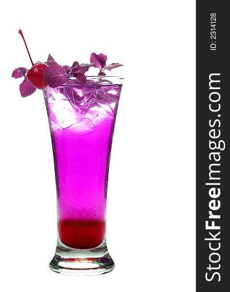 Colorful alcoholic cocktail in a tall glass against white background. Colorful alcoholic cocktail in a tall glass against white background