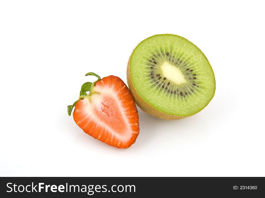 Sliced kiwi and strawberry isolated on white background